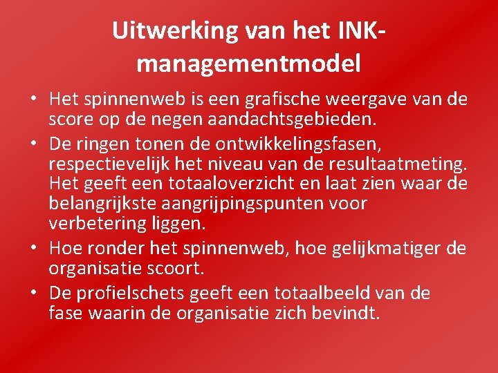 Uitwerking van het INKmanagementmodel • Het spinnenweb is een grafische weergave van de score