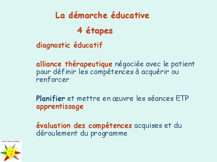 La démarche éducative 4 étapes diagnostic éducatif alliance thérapeutique négociée avec le patient pour
