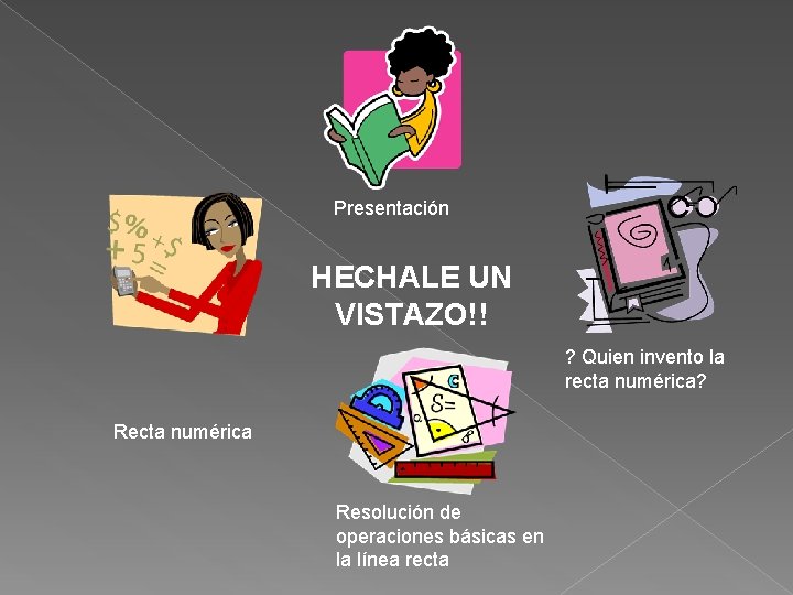 Presentación HECHALE UN VISTAZO!! ? Quien invento la recta numérica? Recta numérica Resolución de