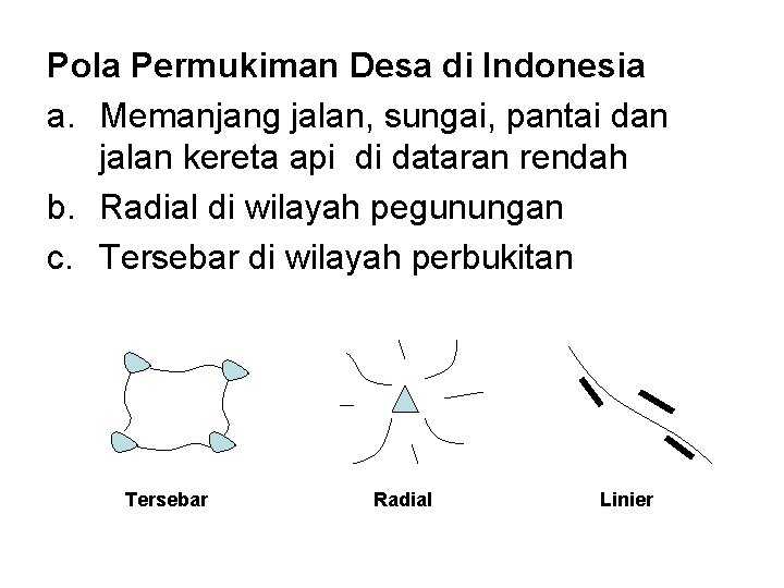 Pola Permukiman Desa di Indonesia a. Memanjang jalan, sungai, pantai dan jalan kereta api