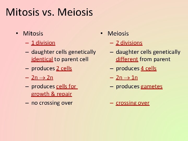 Mitosis vs. Meiosis • Mitosis – 1 division – daughter cells genetically identical to