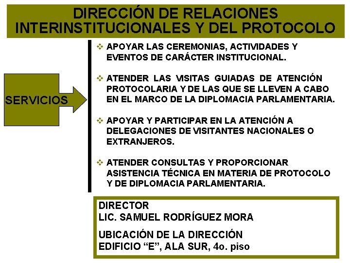 DIRECCIÓN DE RELACIONES INTERINSTITUCIONALES Y DEL PROTOCOLO v APOYAR LAS CEREMONIAS, ACTIVIDADES Y EVENTOS