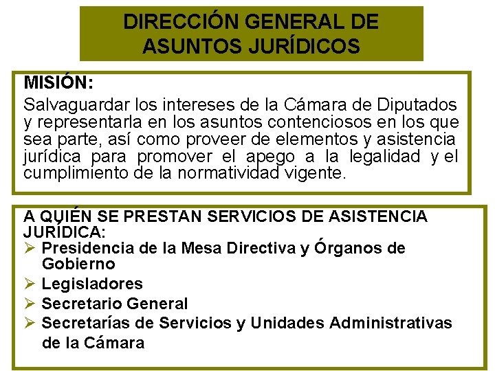 DIRECCIÓN GENERAL DE ASUNTOS JURÍDICOS MISIÓN: Salvaguardar los intereses de la Cámara de Diputados