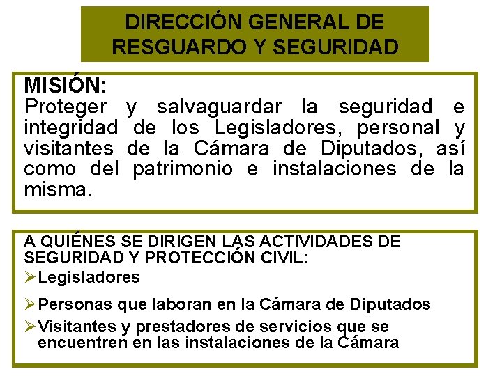 DIRECCIÓN GENERAL DE RESGUARDO Y SEGURIDAD MISIÓN: Proteger integridad visitantes como del misma. y