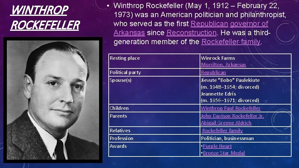 WINTHROP ROCKEFELLER • Winthrop Rockefeller (May 1, 1912 – February 22, 1973) was an