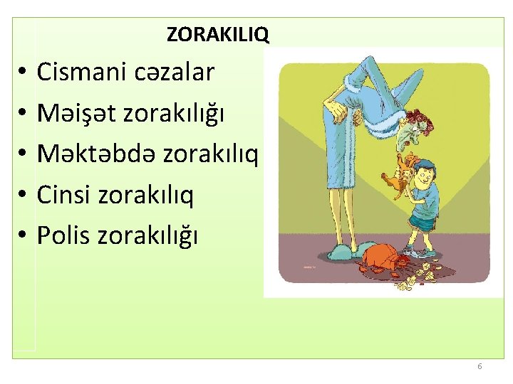  ZORAKILIQ • • • Cismani cəzalar Məişət zorakılığı Məktəbdə zorakılıq Cinsi zorakılıq Polis