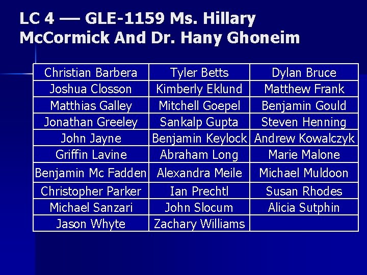 LC 4 –– GLE-1159 Ms. Hillary Mc. Cormick And Dr. Hany Ghoneim Christian Barbera