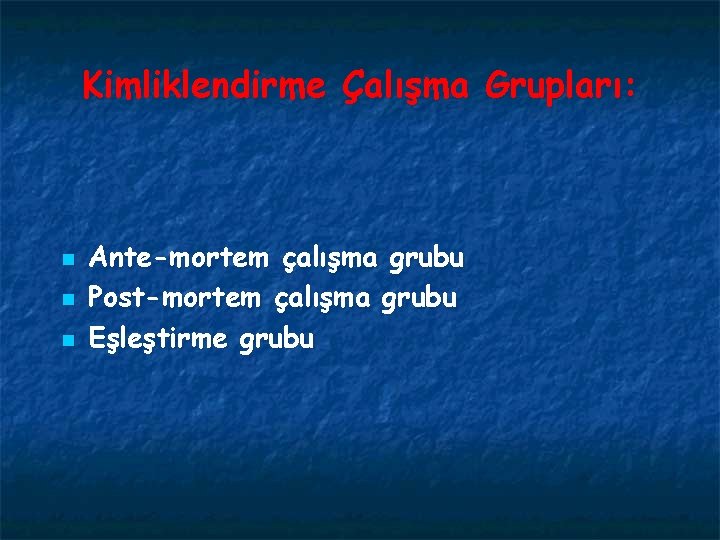 Kimliklendirme Çalışma Grupları: n n n Ante-mortem çalışma grubu Post-mortem çalışma grubu Eşleştirme grubu