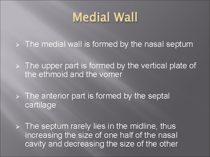 Medial Wall Ø The medial wall is formed by the nasal septum Ø The