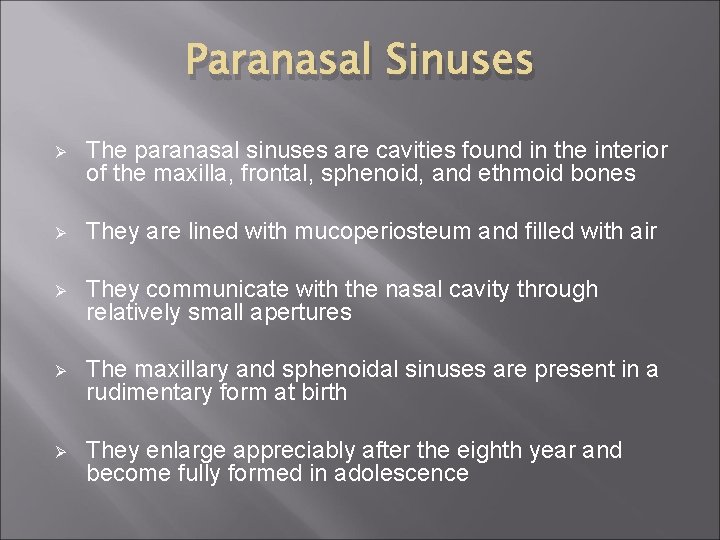 Paranasal Sinuses Ø The paranasal sinuses are cavities found in the interior of the