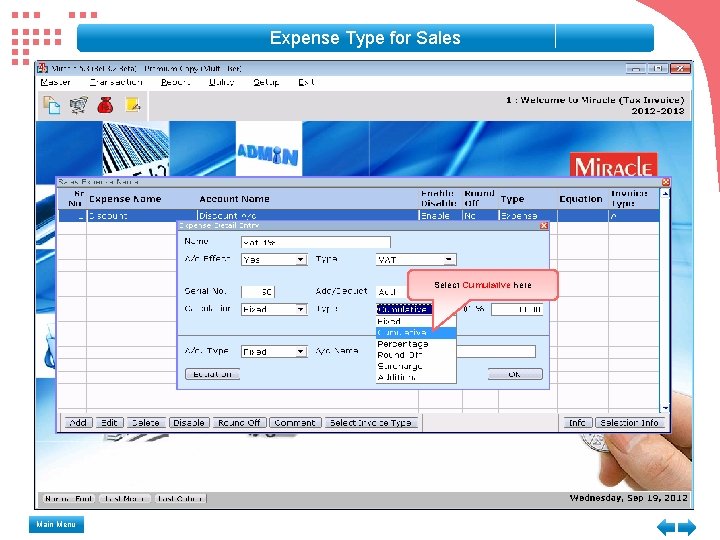 Expense Type for Sales Select Cumulative here Main Menu Expense Type for Sales Select Cumulative here Main Menu