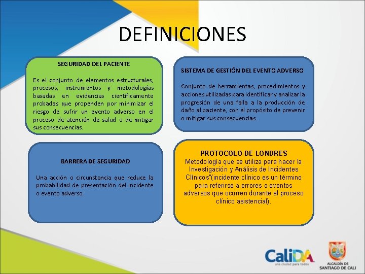 DEFINICIONES SEGURIDAD DEL PACIENTE Es el conjunto de elementos estructurales, procesos, instrumentos y metodologías