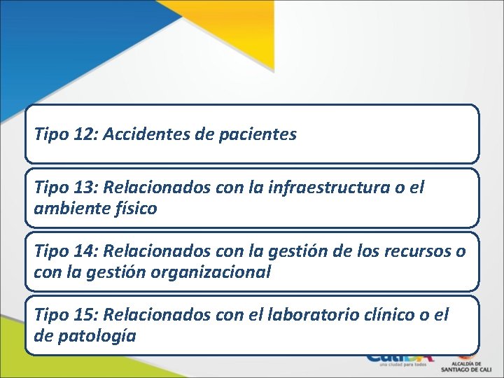 Tipo 12: Accidentes de pacientes Tipo 13: Relacionados con la infraestructura o el ambiente