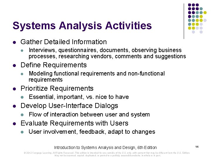 Systems Analysis Activities l Gather Detailed Information l l Define Requirements l l Essential,