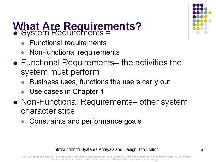 What Are Requirements? l System Requirements = l l l Functional Requirements– the activities