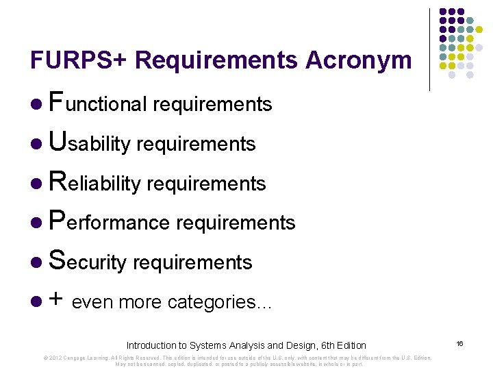 FURPS+ Requirements Acronym l Functional requirements l Usability requirements l Reliability requirements l Performance