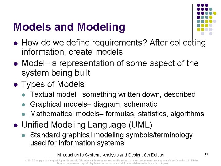 Models and Modeling l l l How do we define requirements? After collecting information,