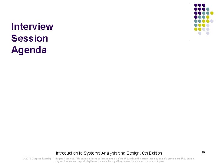 Interview Session Agenda Introduction to Systems Analysis and Design, 6 th Edition © 2012