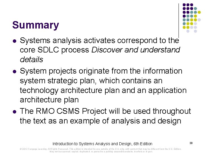 Summary l l l Systems analysis activates correspond to the core SDLC process Discover