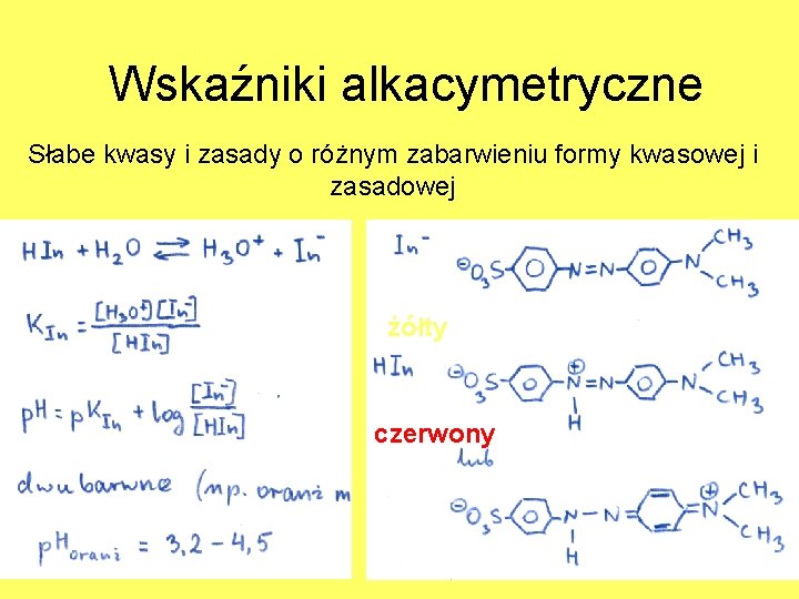 Wskaźniki alkacymetryczne Słabe kwasy i zasady o różnym zabarwieniu formy kwasowej i zasadowej żółty