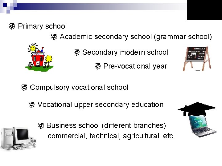  Primary school Academic secondary school (grammar school) Secondary modern school Pre-vocational year Compulsory