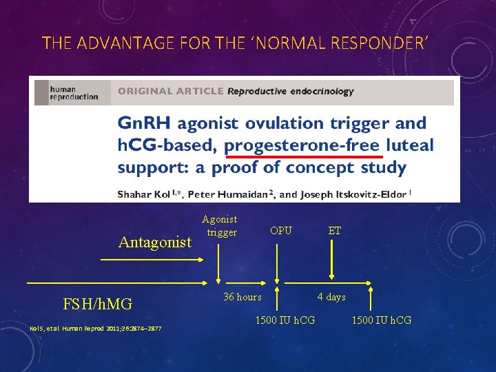 THE ADVANTAGE FOR THE ‘NORMAL RESPONDER’ Antagonist FSH/h. MG Kol S, et al. Human