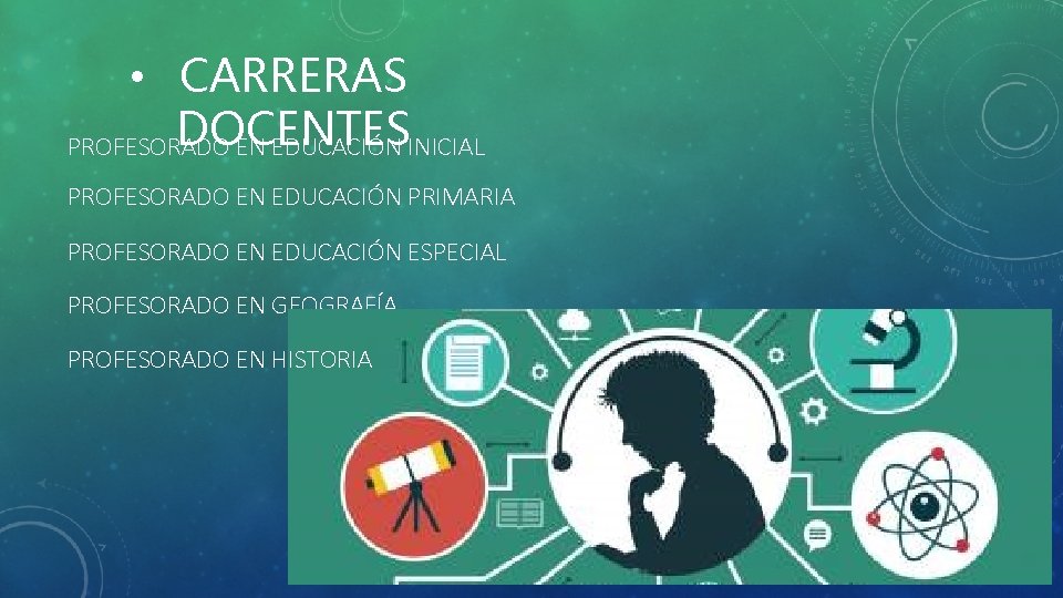  • CARRERAS DOCENTES PROFESORADO EN EDUCACIÓN INICIAL PROFESORADO EN EDUCACIÓN PRIMARIA PROFESORADO EN
