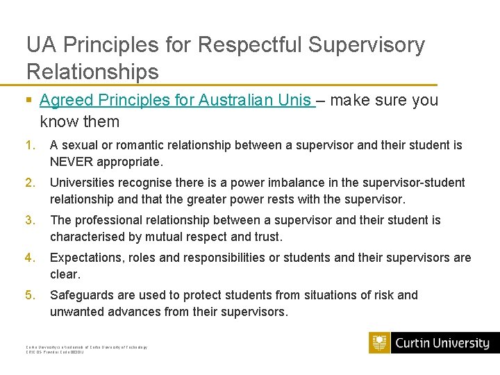 UA Principles for Respectful Supervisory Relationships § Agreed Principles for Australian Unis – make