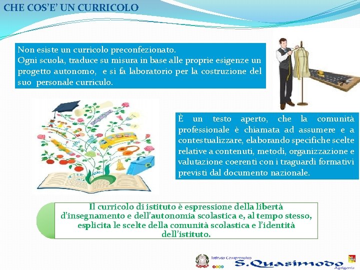 CHE COS’E’ UN CURRICOLO Non esiste un curricolo preconfezionato. Ogni scuola, traduce su misura CHE COS’E’ UN CURRICOLO Non esiste un curricolo preconfezionato. Ogni scuola, traduce su misura