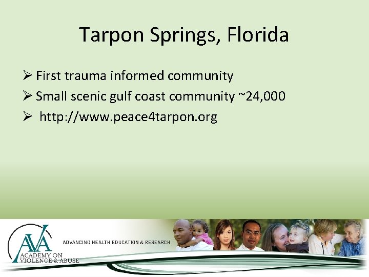 Tarpon Springs, Florida Ø First trauma informed community Ø Small scenic gulf coast community