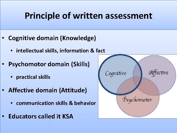 Principle of written assessment • Cognitive domain (Knowledge) • intellectual skills, information & fact