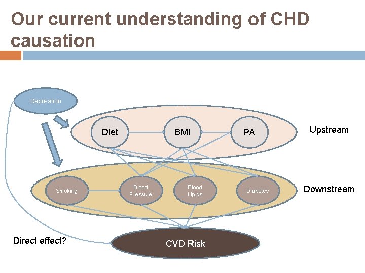 Our current understanding of CHD causation Deprivation Diet Smoking Direct effect? BMI Blood Pressure