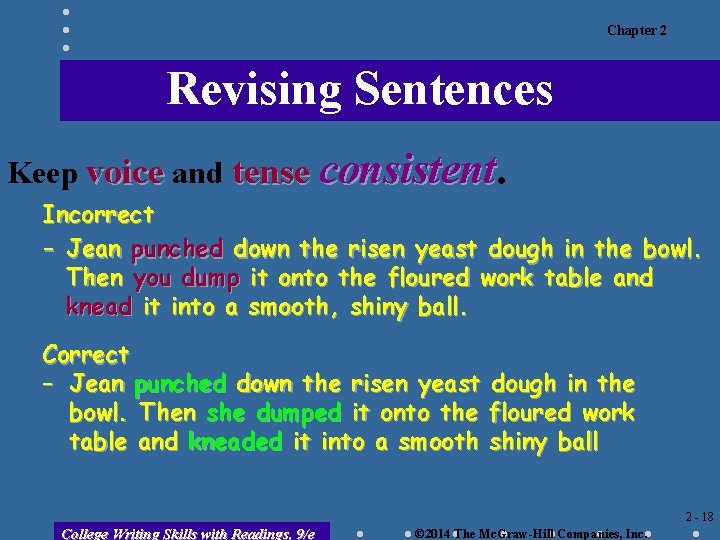 Chapter 2 Revising Sentences Keep voice and tense consistent Incorrect – Jean punched down