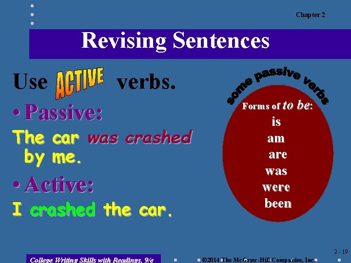 Chapter 2 Revising Sentences Use verbs. • Passive: The car was crashed by me.