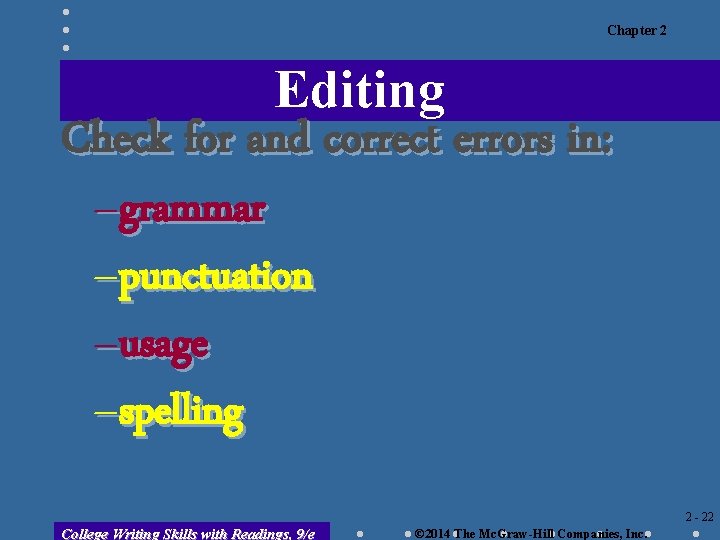 Chapter 2 Editing Check for and correct errors in: –grammar –punctuation –usage –spelling 2 Chapter 2 Editing Check for and correct errors in: –grammar –punctuation –usage –spelling 2