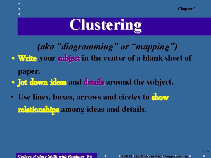 Chapter 2 Clustering (aka “diagramming” or “mapping”) • Write your subject in the center