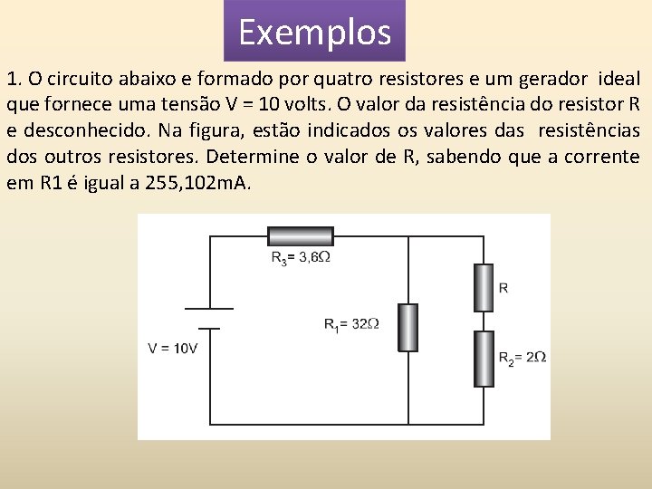 Exemplos 1. O circuito abaixo e formado por quatro resistores e um gerador ideal