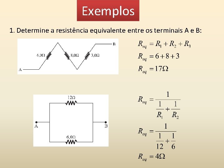 Exemplos 1. Determine a resistência equivalente entre os terminais A e B: 