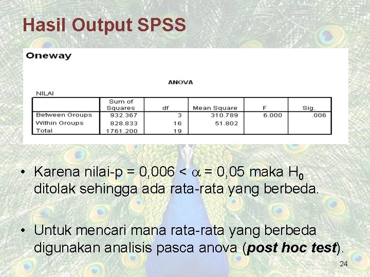 Hasil Output SPSS • Karena nilai-p = 0, 006 < = 0, 05 maka