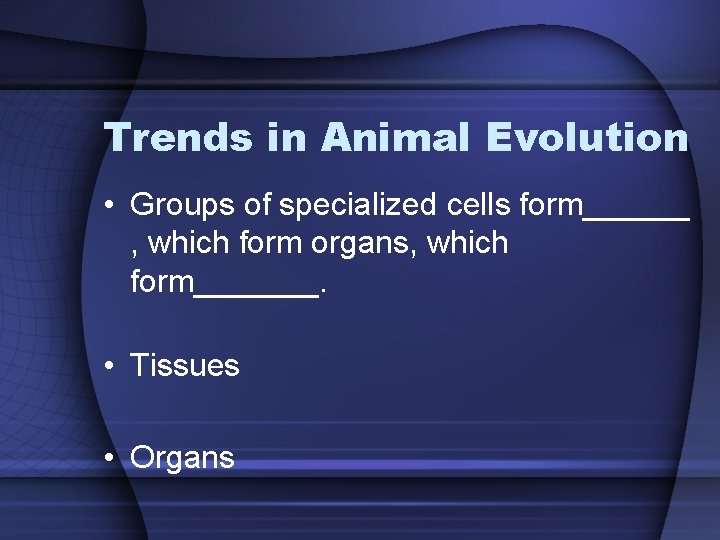 Trends in Animal Evolution • Groups of specialized cells form______ , which form organs,