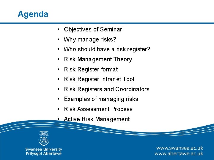 Agenda • Objectives of Seminar • Why manage risks? • Who should have a Agenda • Objectives of Seminar • Why manage risks? • Who should have a