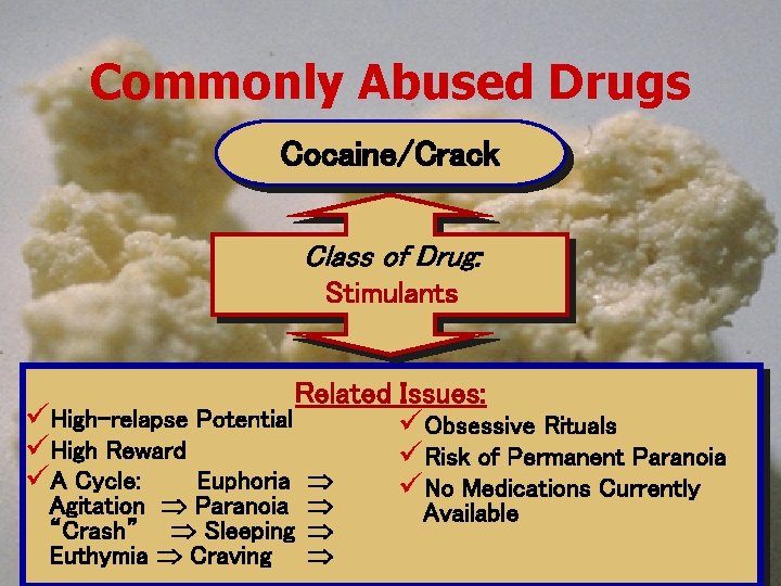 Commonly Abused Drugs Cocaine/Crack Class of Drug: Stimulants üHigh-relapse Potential üHigh Reward üA Cycle: