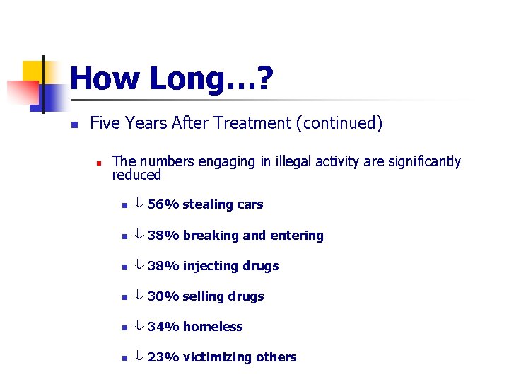 How Long…? n Five Years After Treatment (continued) n The numbers engaging in illegal