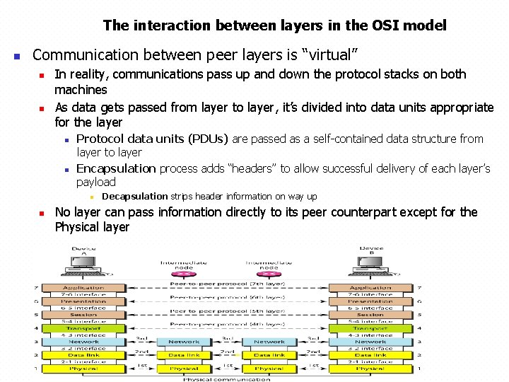 The interaction between layers in the OSI model n Communication between peer layers is