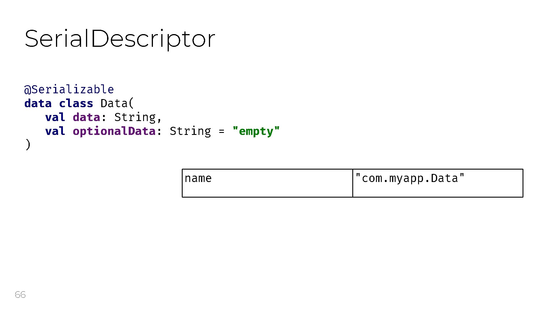 Serial. Descriptor @Serializable data class Data( val data: String, val optional. Data: String =