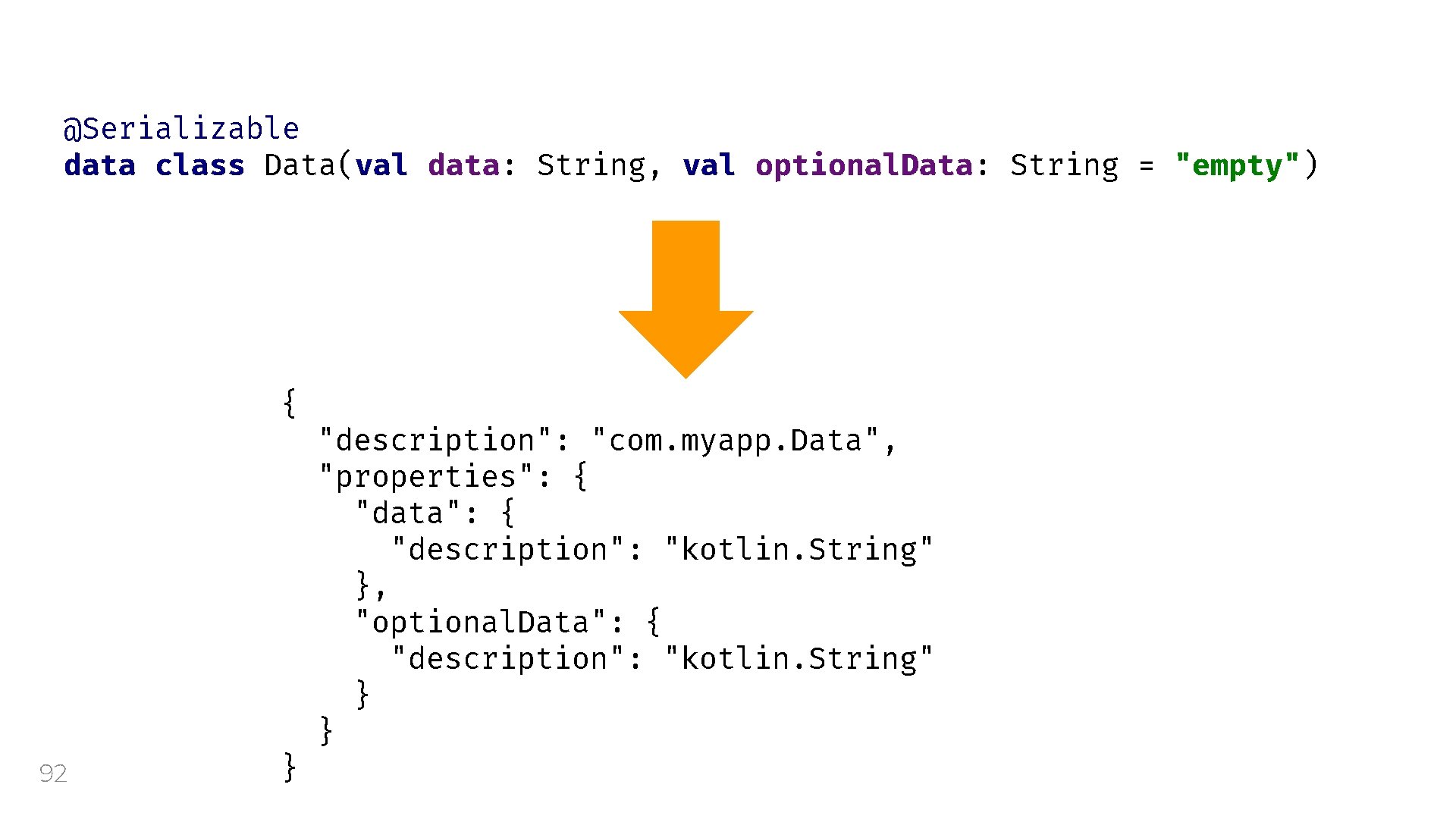 @Serializable data class Data(val data: String, val optional. Data: String = "empty") { 92