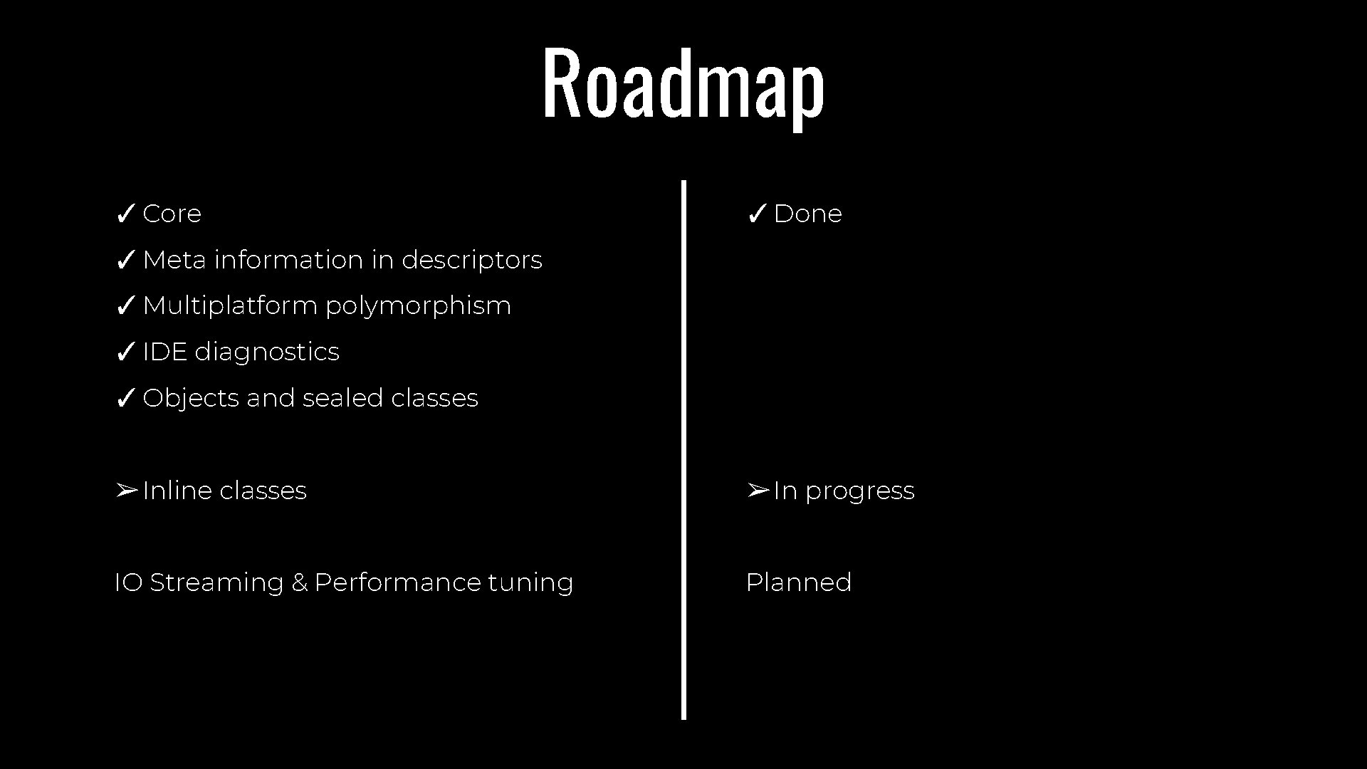Roadmap ✓ Core ✓ Done ✓ Meta information in descriptors ✓ Multiplatform polymorphism ✓