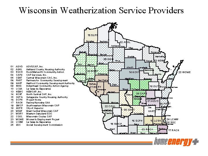 Wisconsin Weatherization Service Providers 19 SUPR Douglas Bayfield 02 ASHL Ashland Iron Vilas Burnett