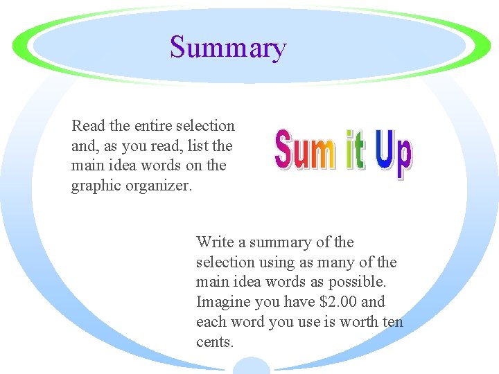 Summary Read the entire selection and, as you read, list the main idea words