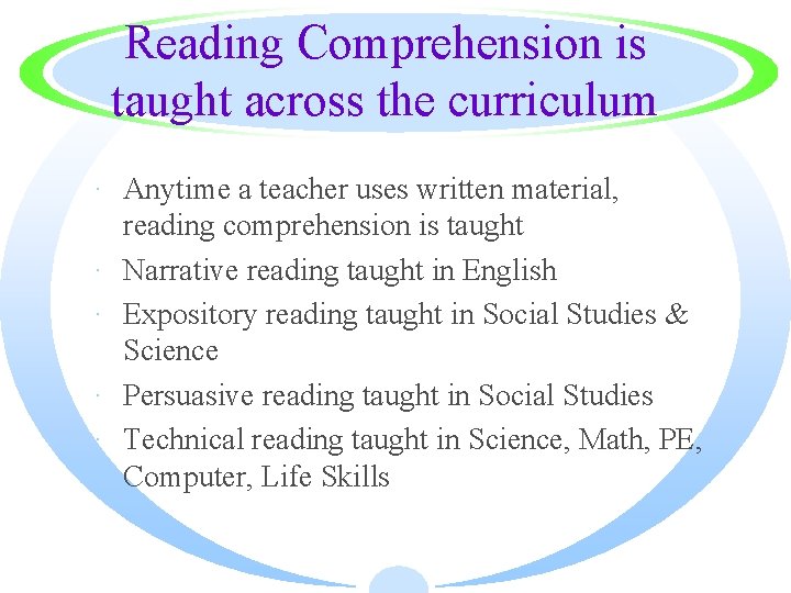 Reading Comprehension is taught across the curriculum · Anytime a teacher uses written material,